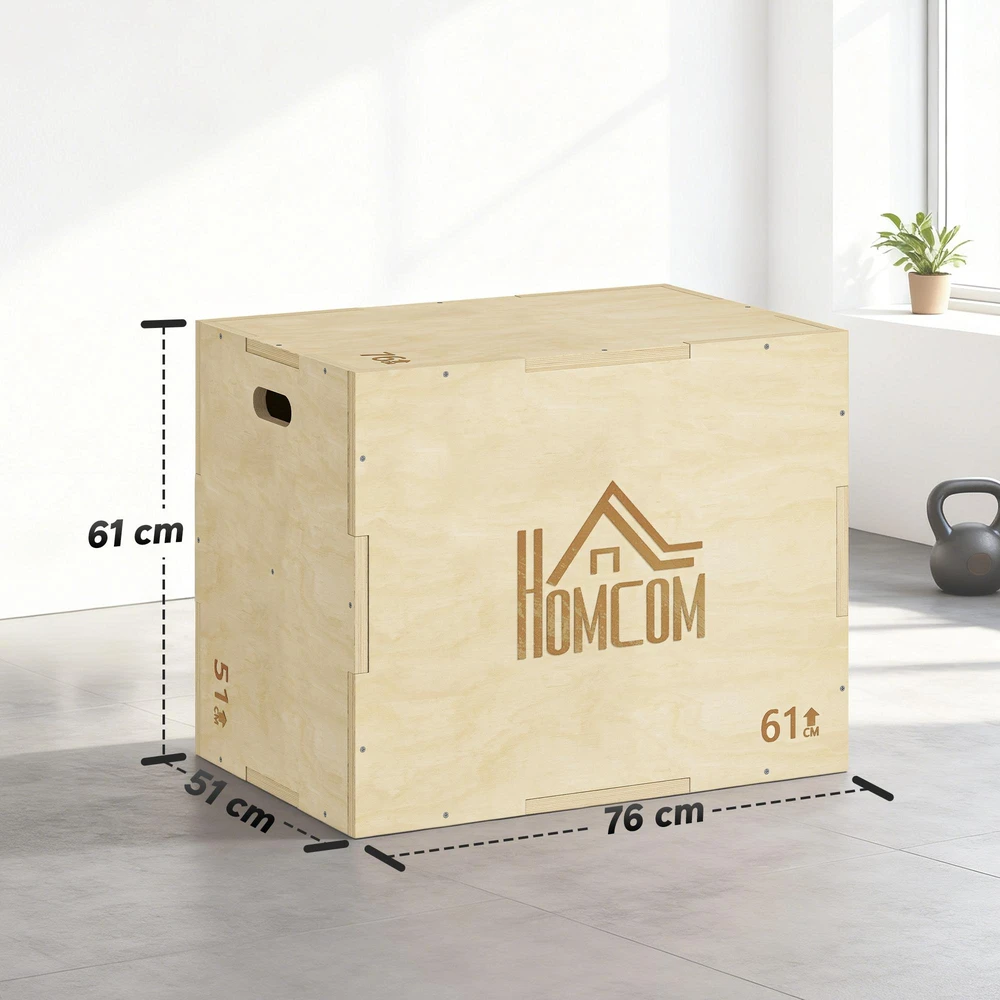 3-in-1 Plyo Box medinė plyometrinė dėžė su 3 šuolių aukščiais ir rankenomis 61 x 51 x 76 cm natūralaus medžio