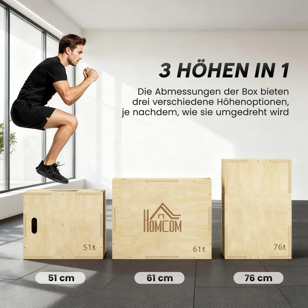 3-in-1 Plyo Box medinė plyometrinė dėžė su 3 šuolių aukščiais ir rankenomis 61 x 51 x 76 cm natūralaus medžio