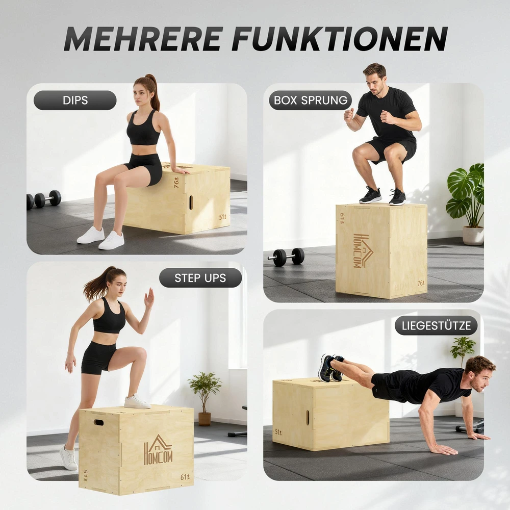 3-in-1 Plyo Box medinė plyometrinė dėžė su 3 šuolių aukščiais ir rankenomis 61 x 51 x 76 cm natūralaus medžio