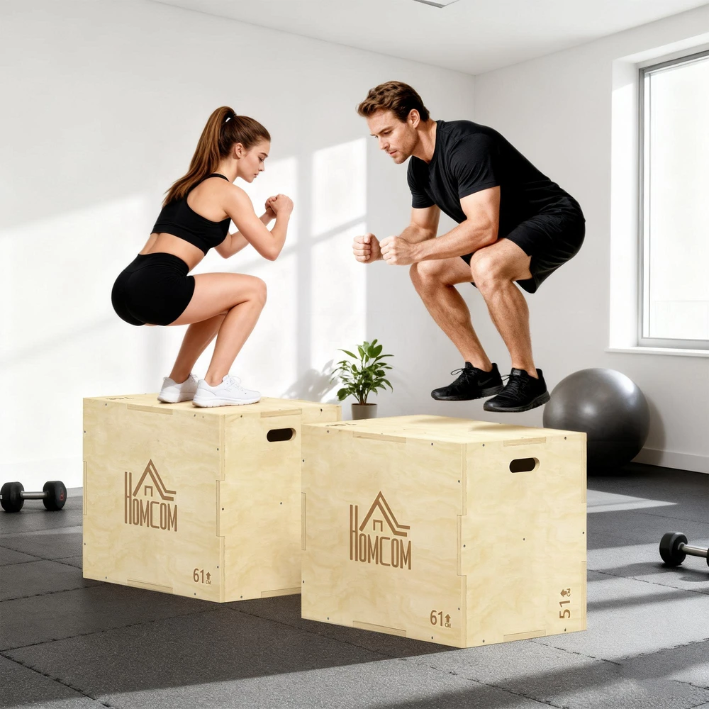 3-in-1 Plyo Box medinė plyometrinė dėžė su 3 šuolių aukščiais ir rankenomis 61 x 51 x 76 cm natūralaus medžio
