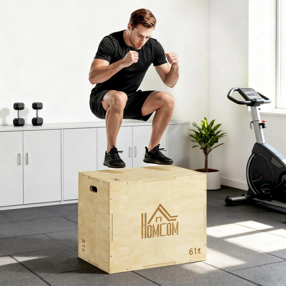 3-in-1 Plyo Box medinė plyometrinė dėžė su 3 šuolių aukščiais ir rankenomis 61 x 51 x 76 cm natūralaus medžio