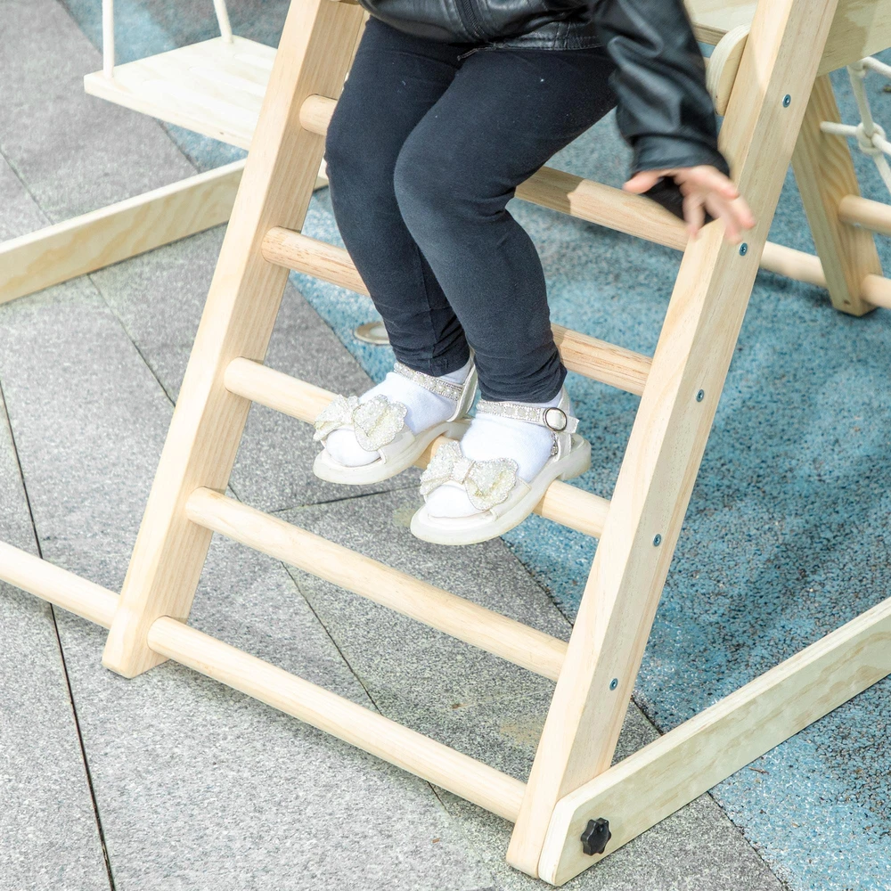 5-in-1 vidaus laipynė su čiuožykla, sūpynėmis, laipiojimo tinklu, krepšinio lanku, sulankstoma, 3–6 metams, natūralaus medžio