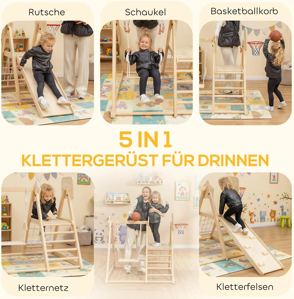 5-in-1 vidaus laipynė su čiuožykla, sūpynėmis, laipiojimo tinklu, krepšinio lanku, sulankstoma, 3–6 metams, natūralaus medžio