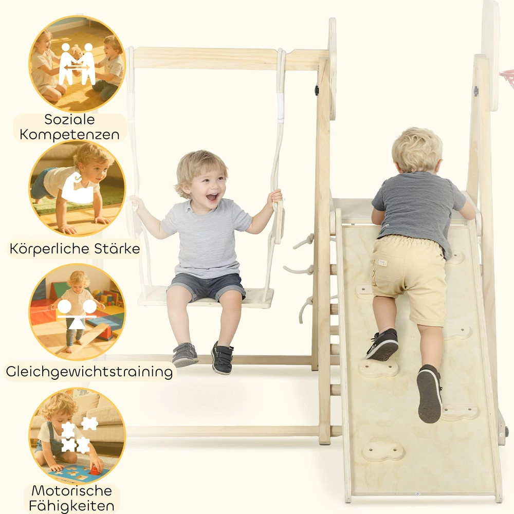 5-in-1 vidaus laipynė su čiuožykla, sūpynėmis, laipiojimo tinklu, krepšinio lanku, sulankstoma, 3–6 metams, natūralaus medžio