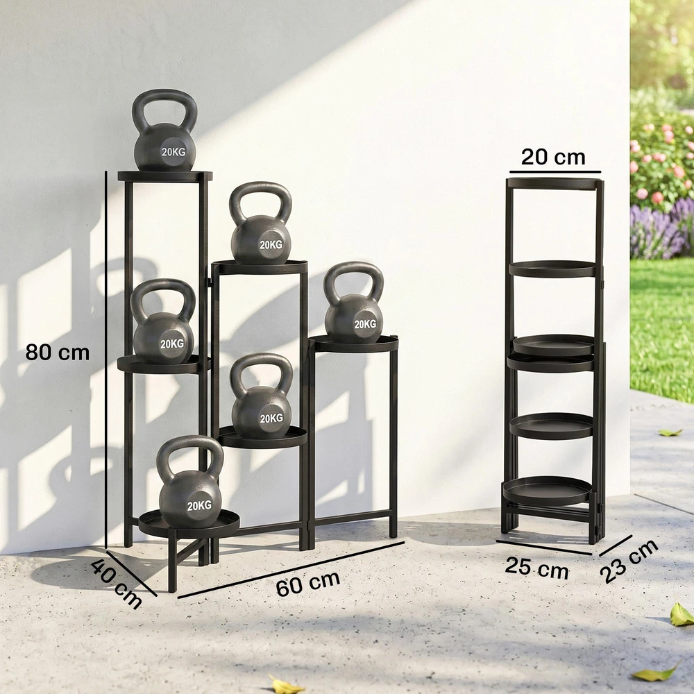 Outsunny 6-pakopų augalų stovas su lentynėlėmis, sulankstomas gėlių stovas patalpoms, metalinė augalų lentyna, daugiaaukštis gėlių stovas, 80 cm aukščio gėlių laiptai, gėlių kolona sodui ir balkonui, juodas