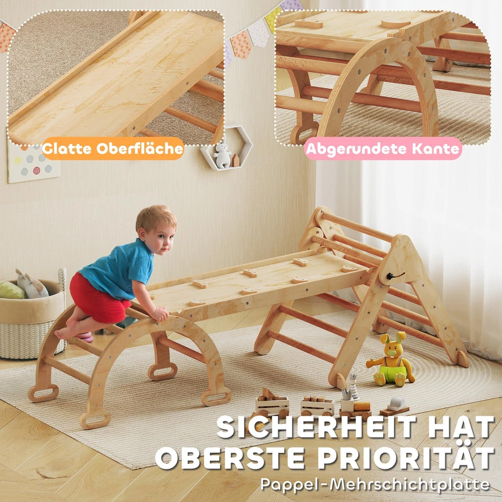 7-in-1 laipynė, lankinė kopėtėlė, trikampė kopėtėlė, rampa, laipiojimo sienelė, čiuožykla, skirta 1,5–4 metų vaikams, sulankstoma, medinė