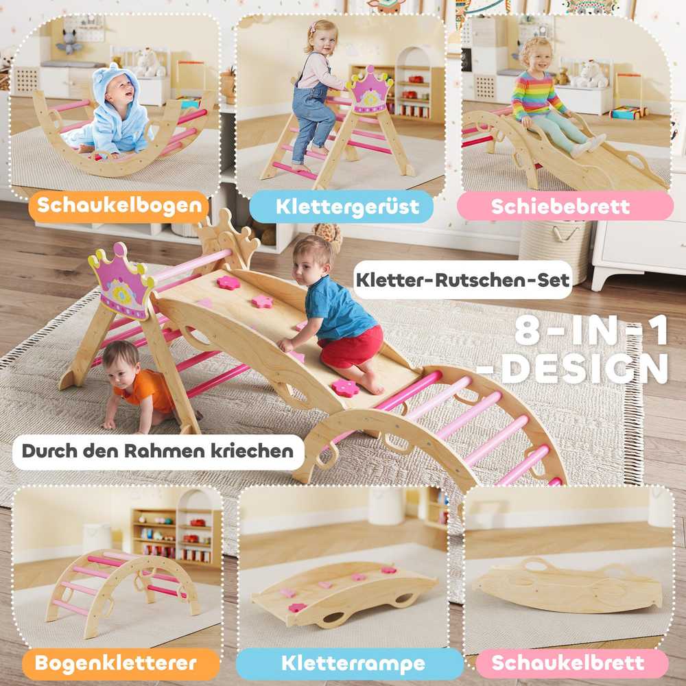 8-in-1 vidaus laipynė vaikams, princesės dizainas, čiuožykla, rampa, arka, medinė