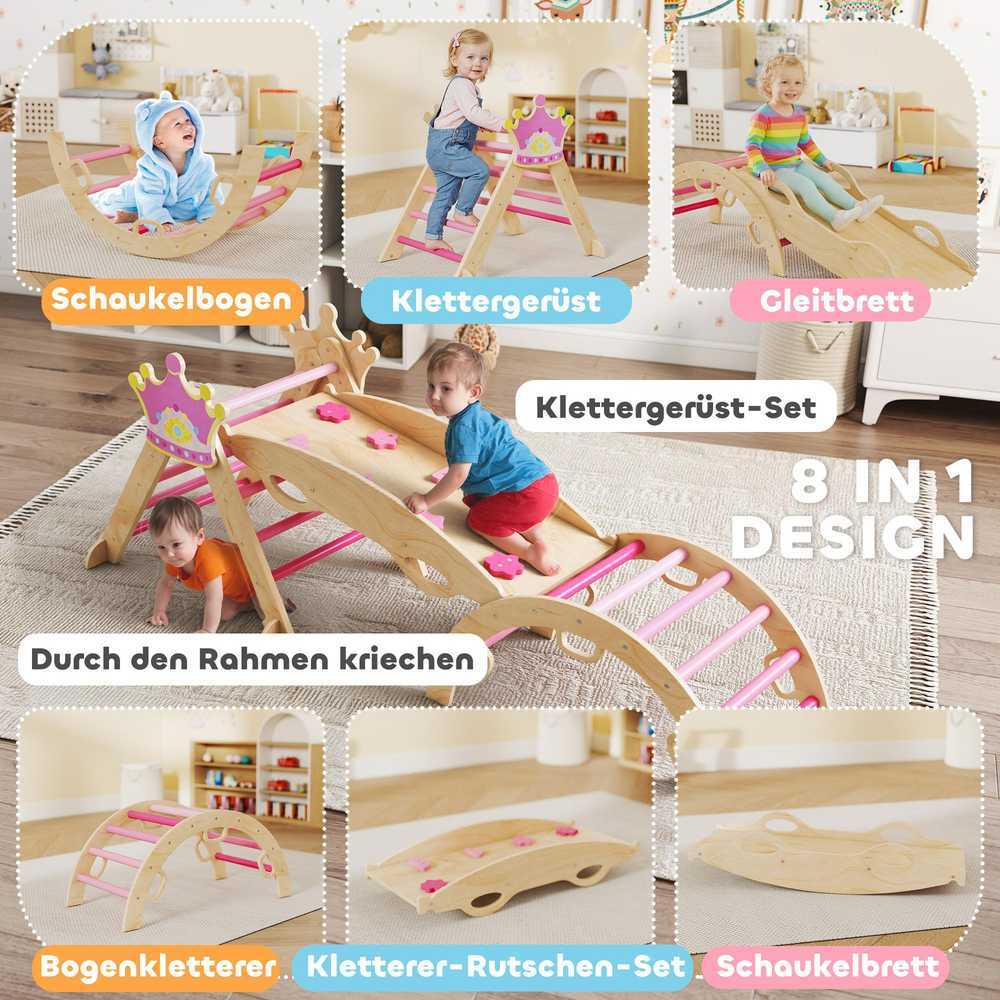 8-in-1 vidaus laipynė vaikams, princesės dizainas, čiuožykla, rampa, arka, medinė
