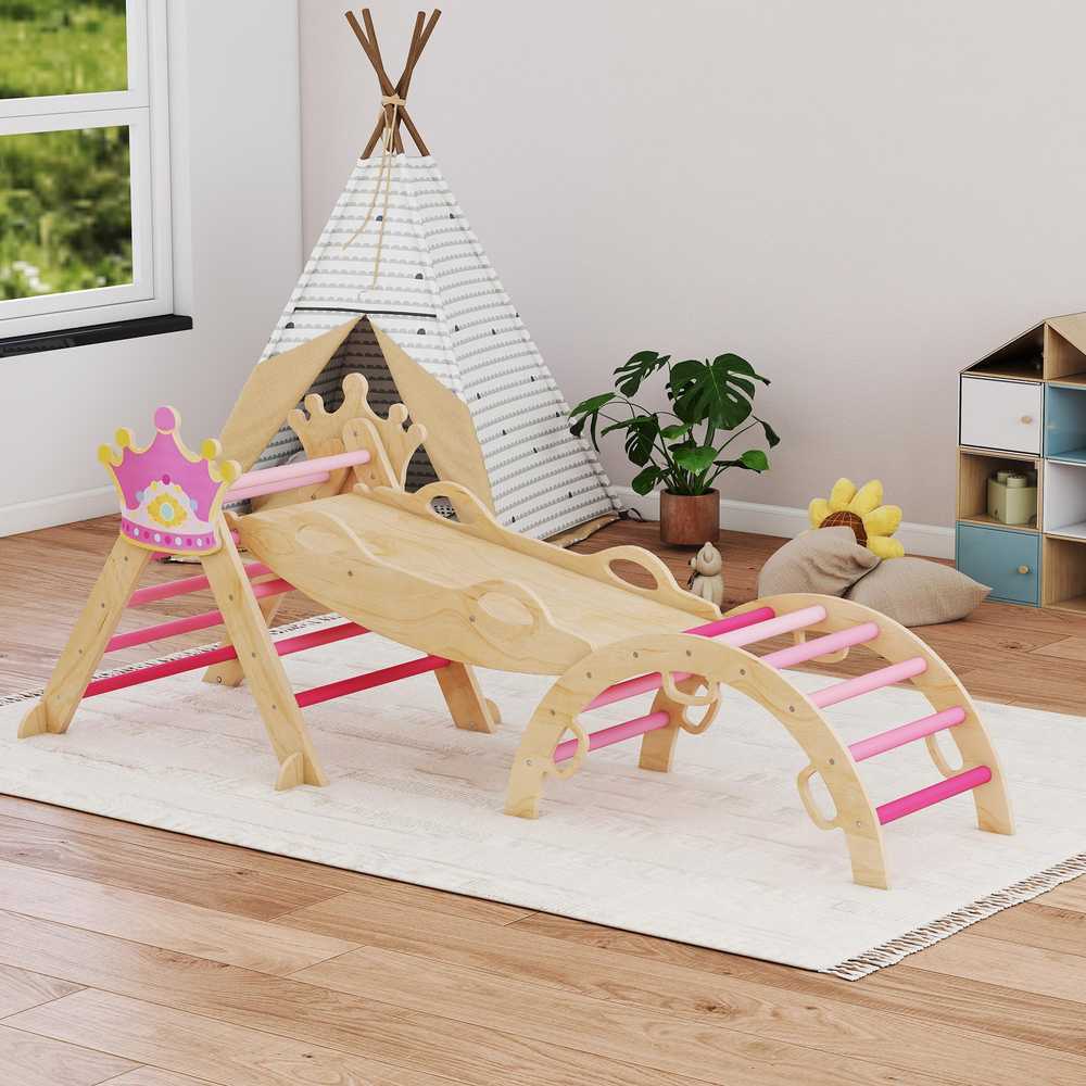 8-in-1 vidaus laipynė vaikams, princesės dizainas, čiuožykla, rampa, arka, medinė