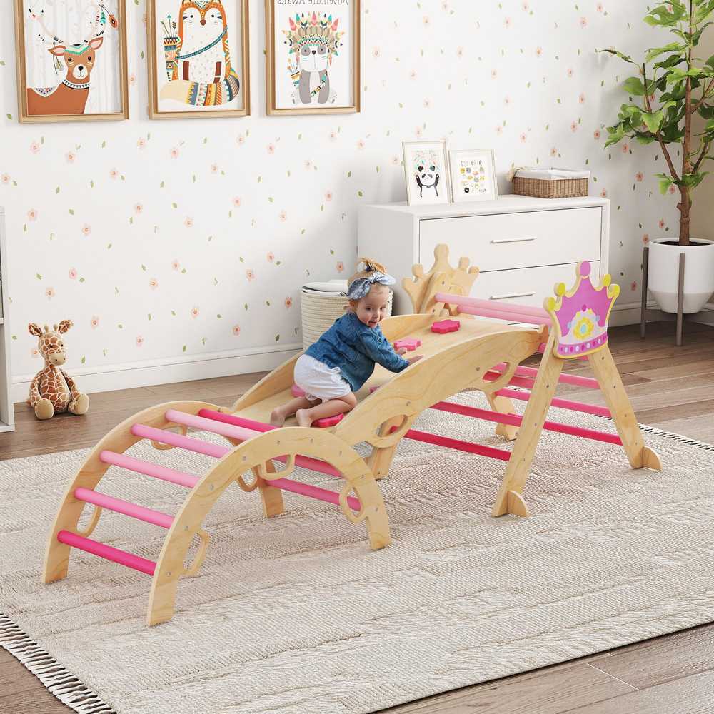 8-in-1 vidaus laipynė vaikams, princesės dizainas, čiuožykla, rampa, arka, medinė
