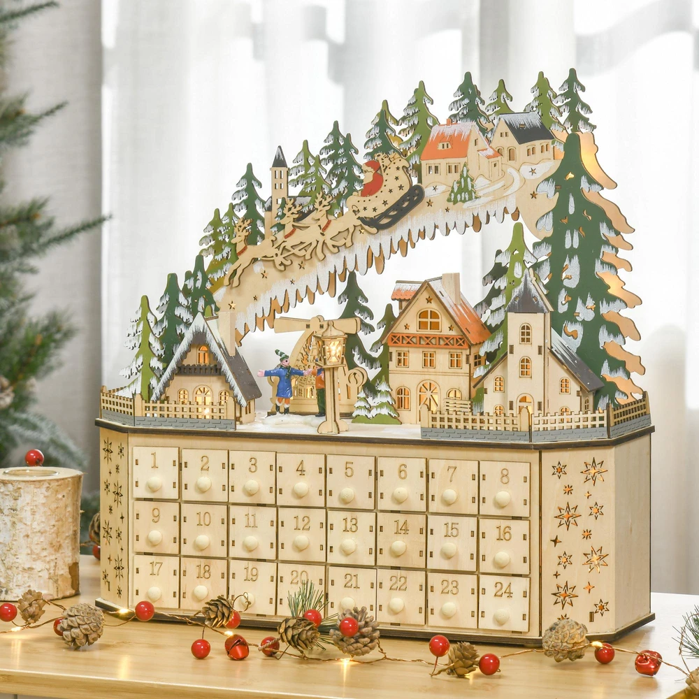 Advento kalendorius su 24 stalčiukais ir LED apšvietimu, natūralios medienos spalvos, 45 × 13 × 43 cm
