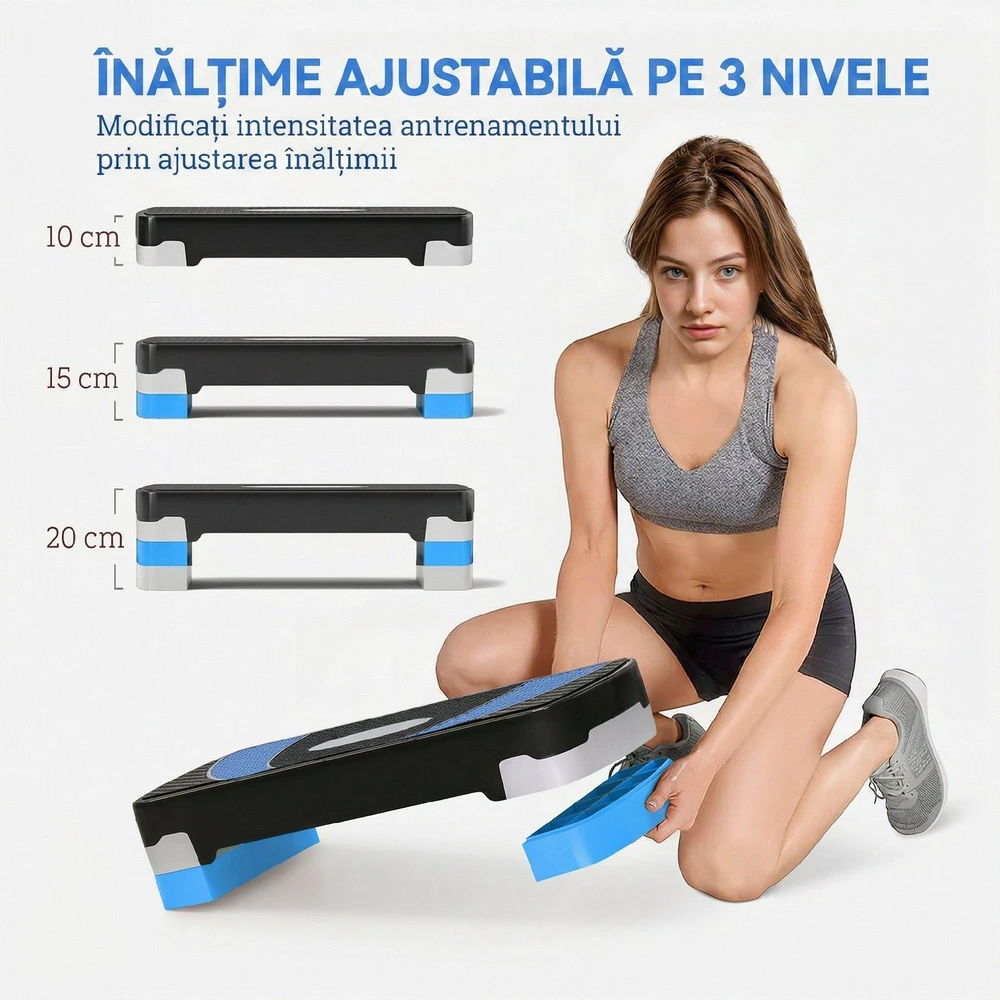 HOMCOM aerobikos platforma, reguliuojamo aukščio, 3 lygiai (10/15/20 cm), namų treniruoklis, iki 150 kg, šviesiai mėlyna, 80x31x10–20 cm