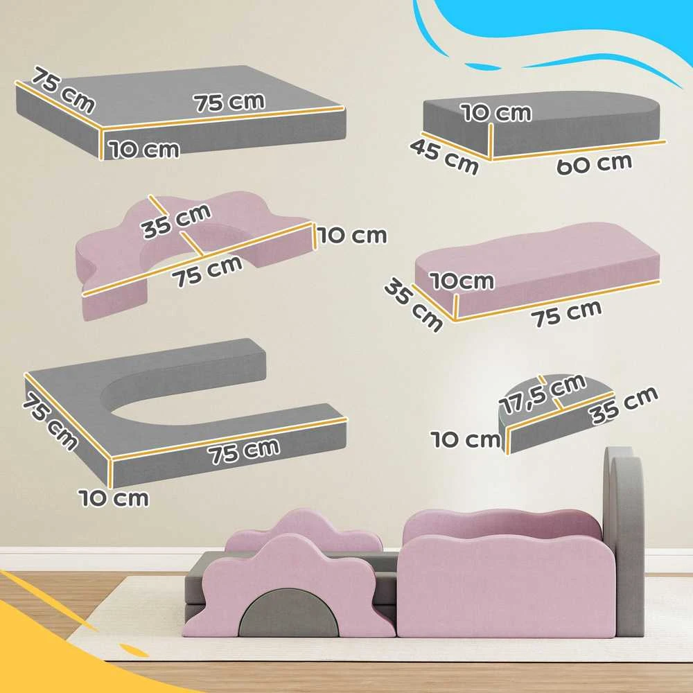 AIYAPLAY 12 dalių putplasčio blokelių rinkinys laipiojimui, statymui, ropojimui, vidaus žaidimų kilimėliai su velvetiniu užvalkalu, pilka+rožinė