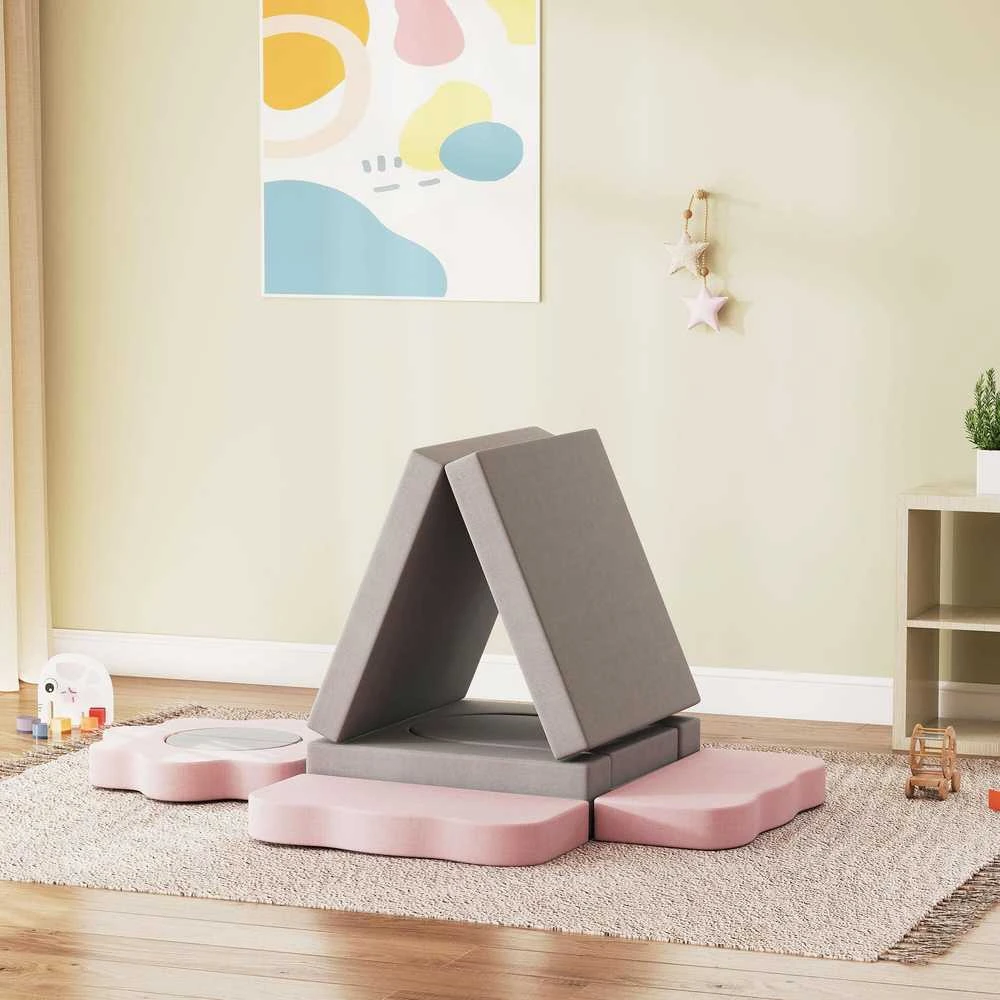 AIYAPLAY 12 dalių putplasčio blokelių rinkinys laipiojimui, statymui, ropojimui, vidaus žaidimų kilimėliai su velvetiniu užvalkalu, pilka+rožinė