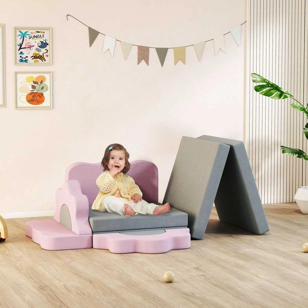 AIYAPLAY 12 dalių putplasčio blokelių rinkinys laipiojimui, statymui, ropojimui, vidaus žaidimų kilimėliai su velvetiniu užvalkalu, pilka+rožinė