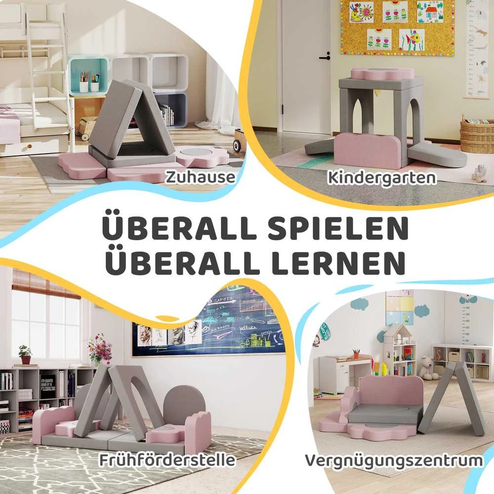 AIYAPLAY 12 dalių putplasčio blokelių rinkinys laipiojimui, statymui, ropojimui, vidaus žaidimų kilimėliai su velvetiniu užvalkalu, pilka+rožinė