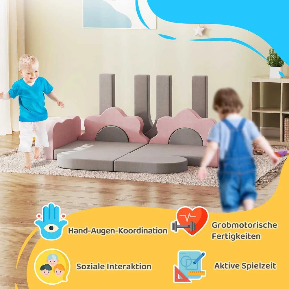 AIYAPLAY 12 dalių putplasčio blokelių rinkinys laipiojimui, statymui, ropojimui, vidaus žaidimų kilimėliai su velvetiniu užvalkalu, pilka+rožinė