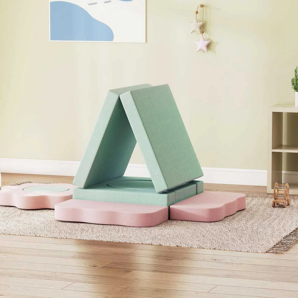 AIYAPLAY 12 dalių putplasčio blokelių rinkinys laipiojimui, statymui, ropojimui, vidaus žaidimų kilimėliai su velveto užvalkalu, žalia ir rožinė