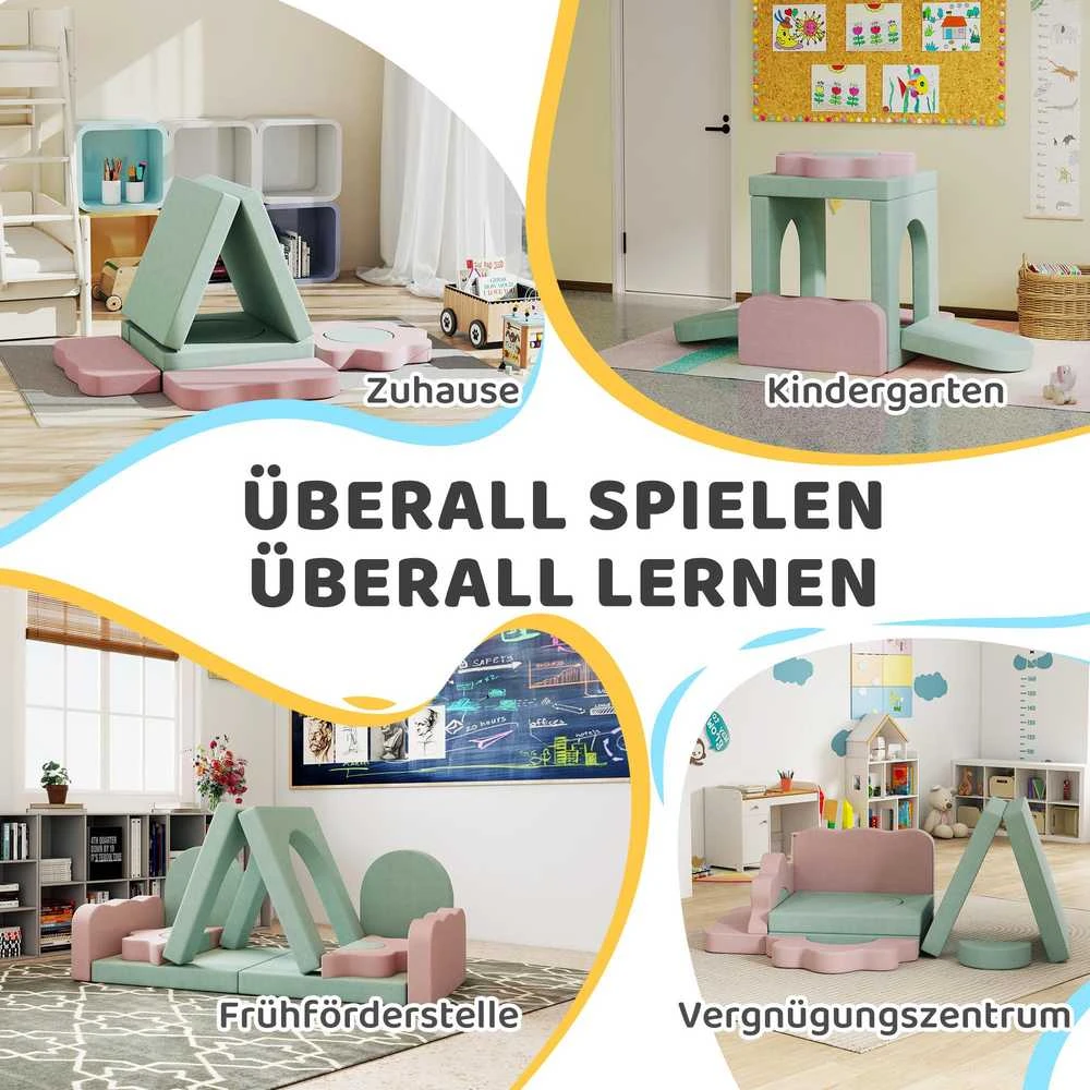 AIYAPLAY 12 dalių putplasčio blokelių rinkinys laipiojimui, statymui, ropojimui, vidaus žaidimų kilimėliai su velveto užvalkalu, žalia ir rožinė