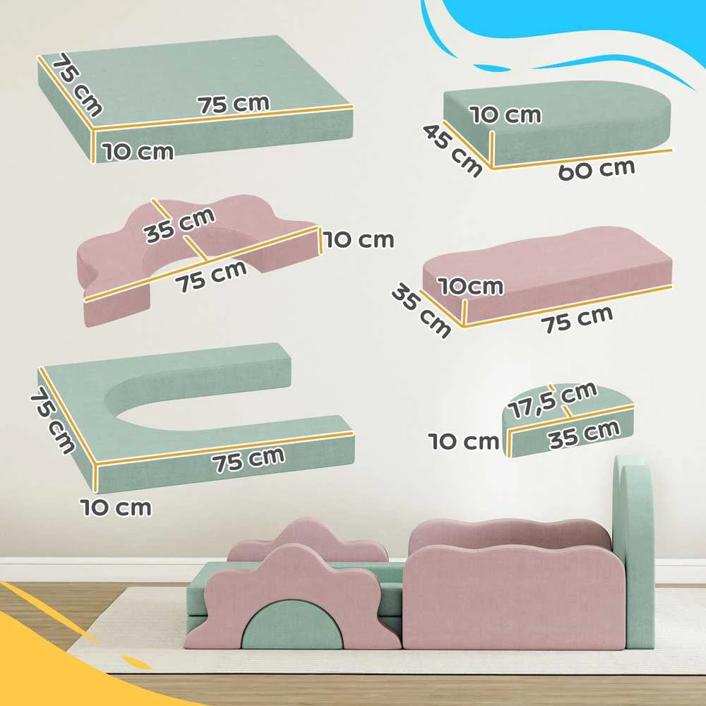 AIYAPLAY 12 dalių putplasčio blokelių rinkinys laipiojimui, statymui, ropojimui, vidaus žaidimų kilimėliai su velveto užvalkalu, žalia ir rožinė