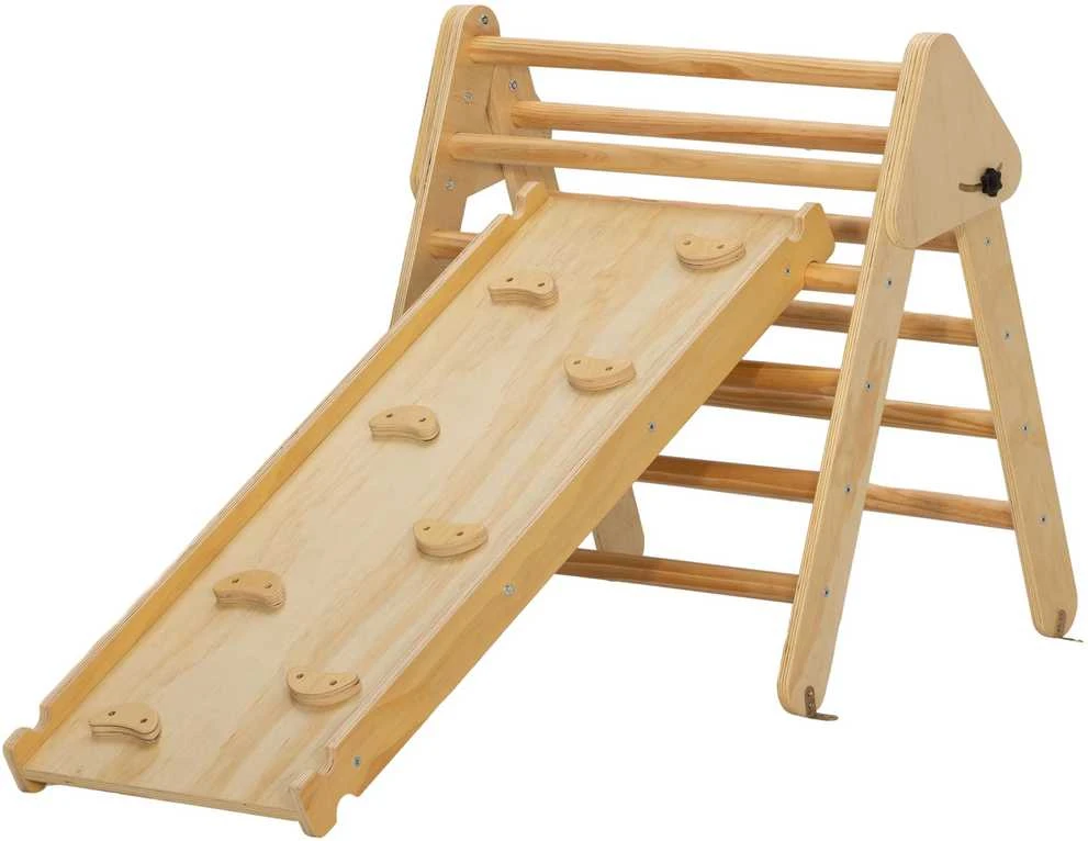 AIYAPLAY 2-in-1 laipiojimo rinkinys su čiuožykla, trikampis laipiojimui ir čiuožimui, medinis laipiojimo žaislas, 1,5–4 metų vaikams, vidaus naudojimui, natūrali mediena