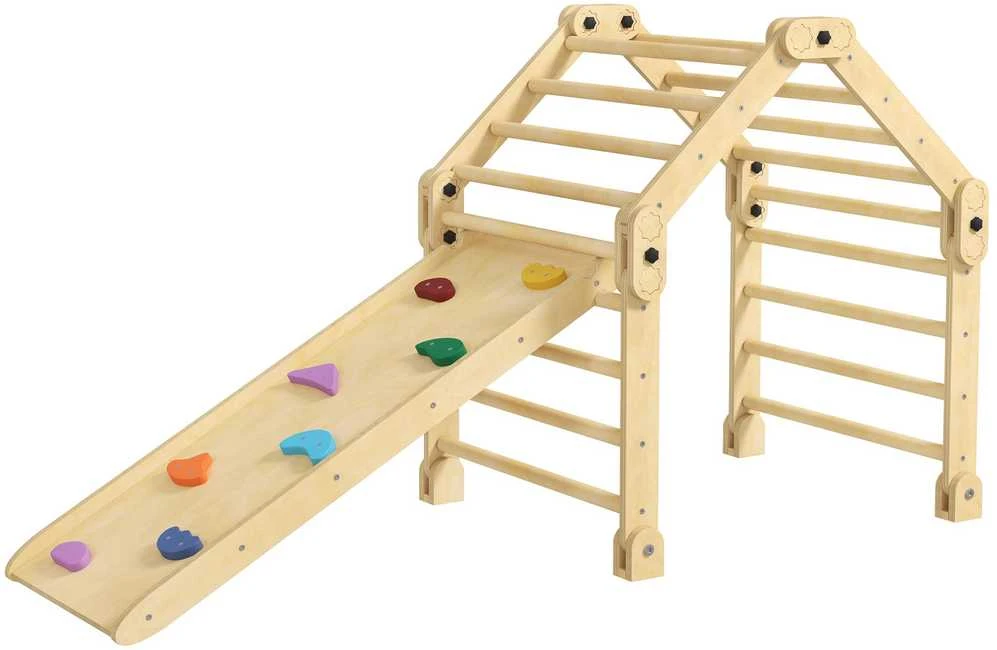 AIYAPLAY 3-in-1 laipynių rinkinys su čiuožykla, laipiojimo trikampis čiuožimui ir laipiojimui, medinis laipiojimo žaislas, vaikams 1,5-4 metų, vidaus, įvairiaspalvis