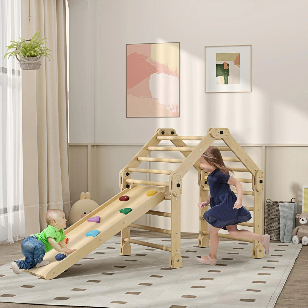 AIYAPLAY 3-in-1 laipynių rinkinys su čiuožykla, laipiojimo trikampis čiuožimui ir laipiojimui, medinis laipiojimo žaislas, vaikams 1,5-4 metų, vidaus, įvairiaspalvis