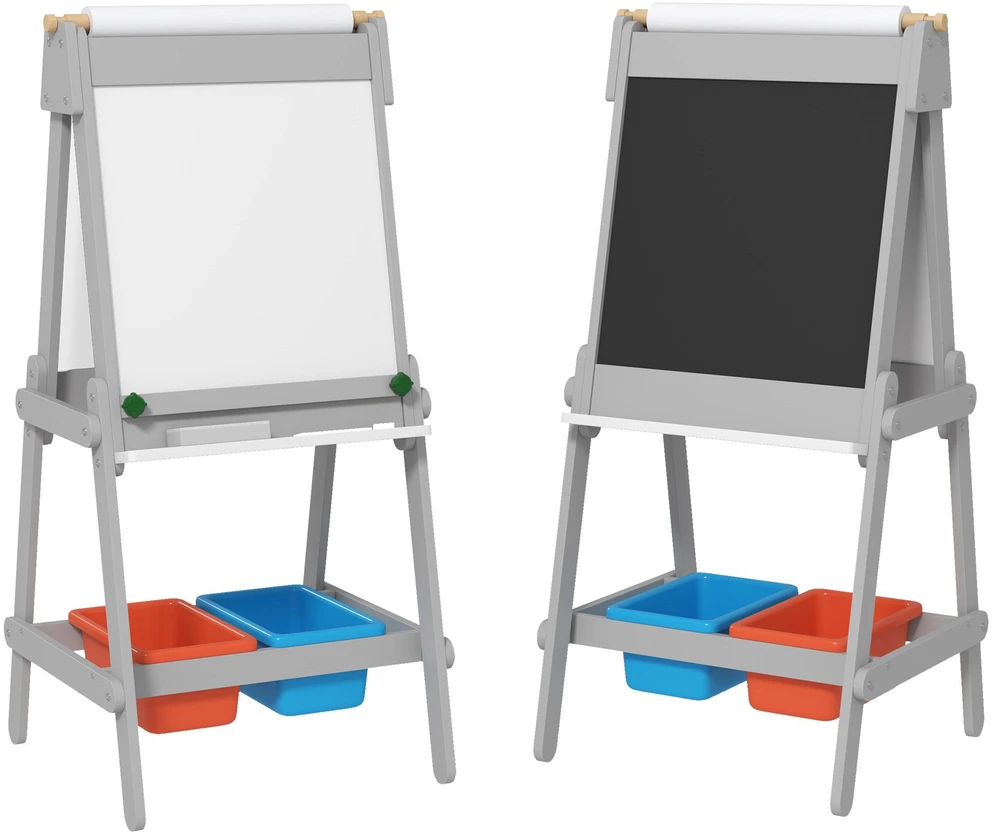 AIYAPLAY 3-in-1 vaikiška lenta, dvipusė vaikiška molbertas su kreidos lenta, magnetine lenta, molbertas su trintuku, piešimo popieriumi, laikymo dėžėmis, vaikams nuo 3 iki 8 metų, pilka