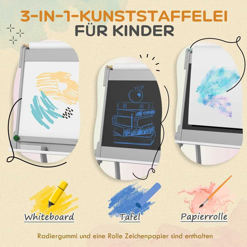 AIYAPLAY 3-in-1 vaikiška lenta, dvipusė vaikiška molbertas su kreidos lenta, magnetine lenta, molbertas su trintuku, piešimo popieriumi, laikymo dėžėmis, vaikams nuo 3 iki 8 metų, pilka