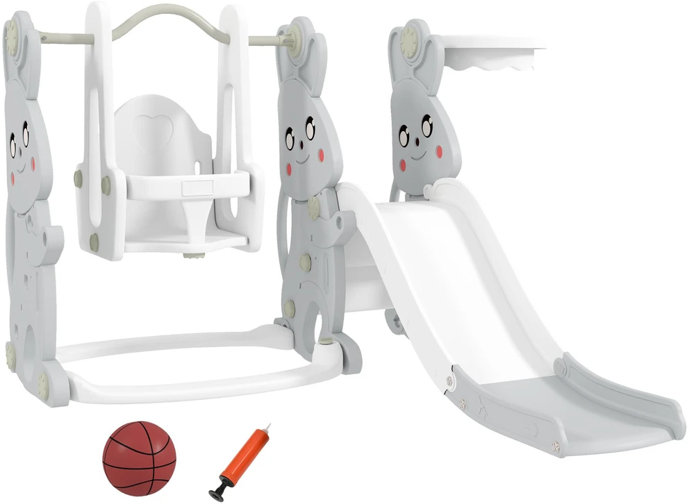 AIYAPLAY 4-in-1 čiuožykla su sūpynėmis, laipiojimo rėmu ir krepšinio lanku, zuikučio dizaino žaidimų aikštelė mažyliams vidaus ir lauko erdvėms, pilka