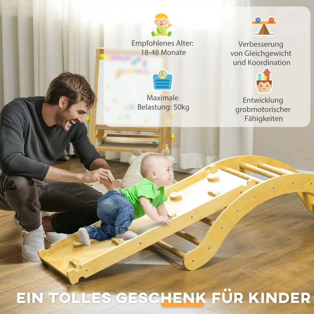 AIYAPLAY 4-in-1 laipynių rinkinys su čiuožykla, laipiojimo trikampis čiuožimui ir laipiojimui, medinis laipiojimo žaislas, vaikams nuo 1,5 iki 4 metų, patalpoms, natūralios medienos spalvos
