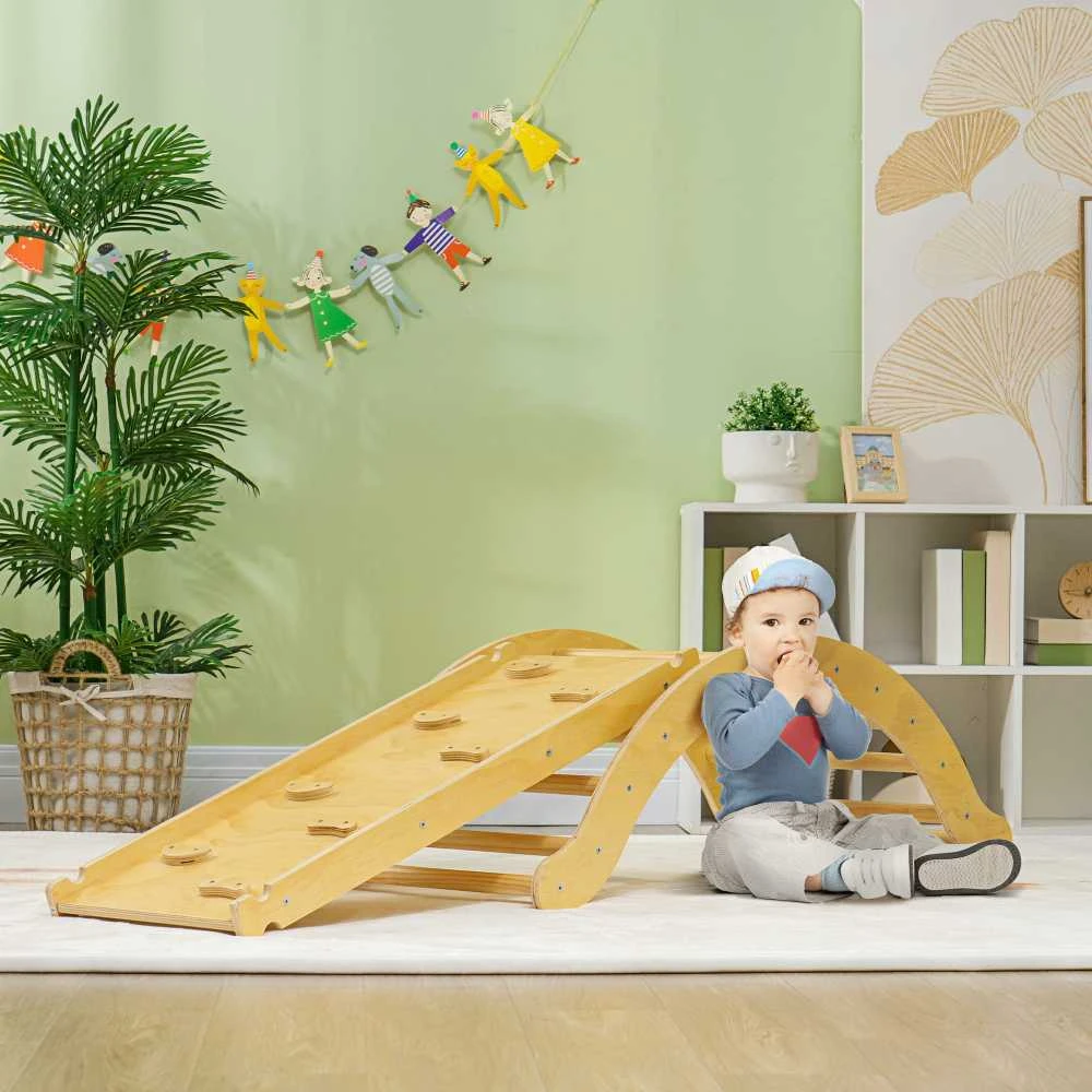 AIYAPLAY 4-in-1 laipynių rinkinys su čiuožykla, laipiojimo trikampis čiuožimui ir laipiojimui, medinis laipiojimo žaislas, vaikams nuo 1,5 iki 4 metų, patalpoms, natūralios medienos spalvos