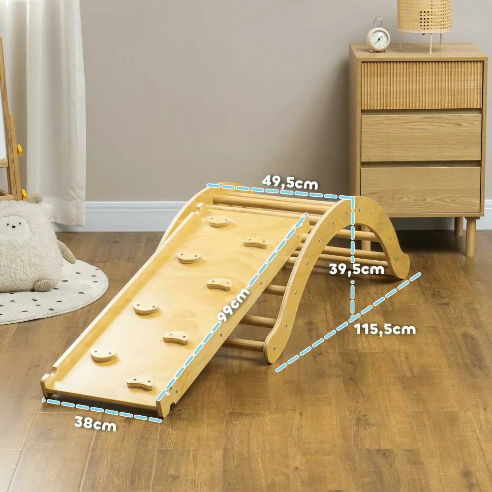AIYAPLAY 4-in-1 laipynių rinkinys su čiuožykla, laipiojimo trikampis čiuožimui ir laipiojimui, medinis laipiojimo žaislas, vaikams nuo 1,5 iki 4 metų, patalpoms, natūralios medienos spalvos