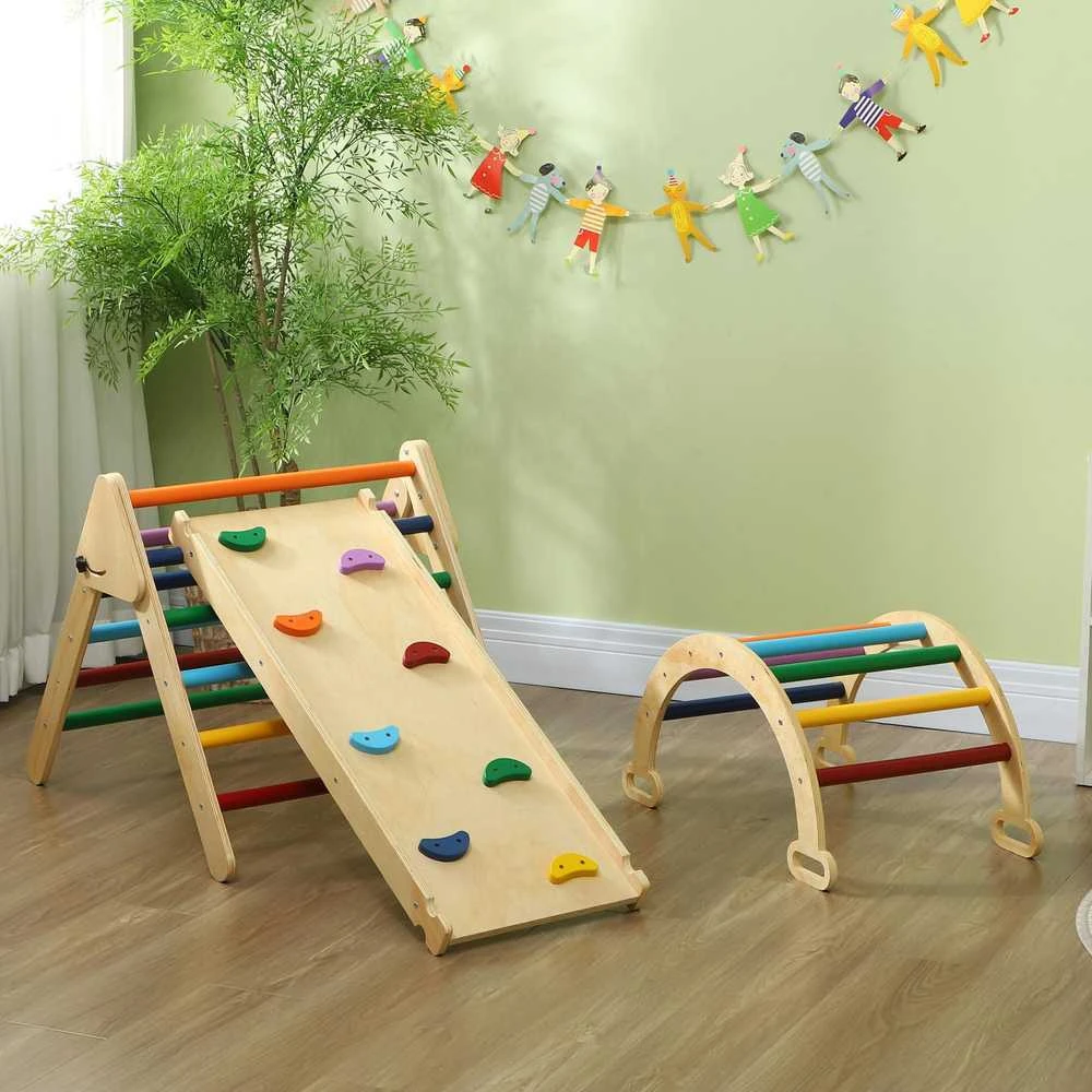 AIYAPLAY 5 viename laipynių rinkinys su čiuožykla, laipiojimo trikampis čiuožimui ir laipiojimui, medinis laipiojimo žaislas, 1,5–4 metų vaikams, patalpoms, įvairiaspalvis