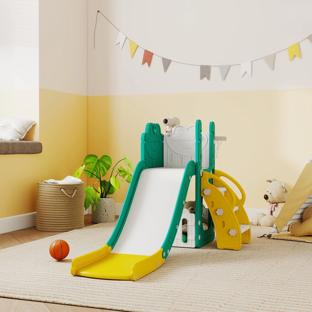 AIYAPLAY 5-in-1 vaikiškų čiuožyklų rinkinys, teleskopas, krepšinio lankas, plastikas, geltona+žalia