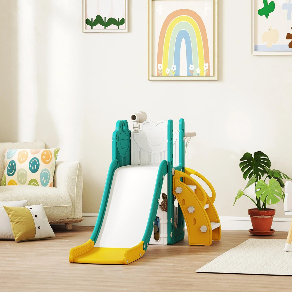 AIYAPLAY 5-in-1 vaikiškų čiuožyklų rinkinys, teleskopas, krepšinio lankas, plastikas, geltona+žalia