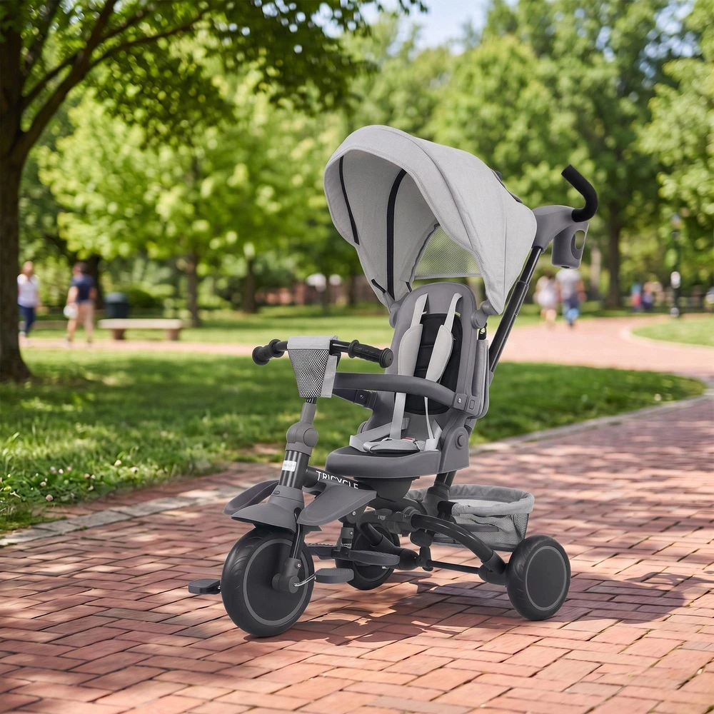 AIYAPLAY 6-in-1 triratis, universalus vežimėlis mažyliams, su stūmimo rankena, reguliuojama sėdyne, sulankstomas dizainas, saugos tinklas, pilkas
