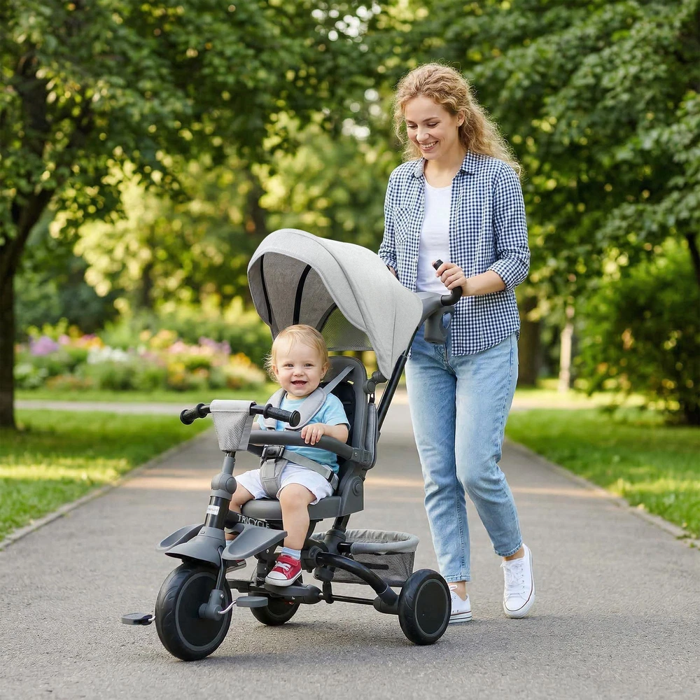 AIYAPLAY 6-in-1 triratis, universalus vežimėlis mažyliams, su stūmimo rankena, reguliuojama sėdyne, sulankstomas dizainas, saugos tinklas, pilkas