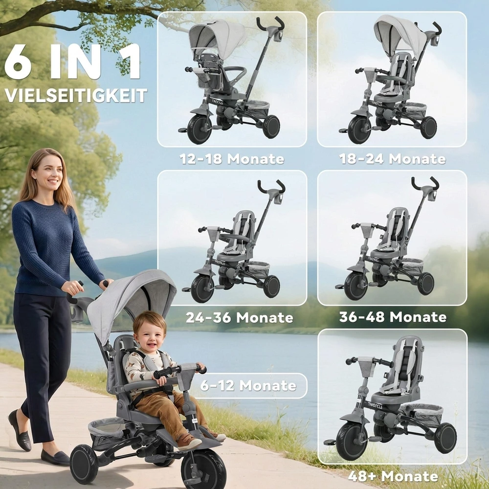 AIYAPLAY 6-in-1 triratis, universalus vežimėlis mažyliams, su stūmimo rankena, reguliuojama sėdyne, sulankstomas dizainas, saugos tinklas, pilkas