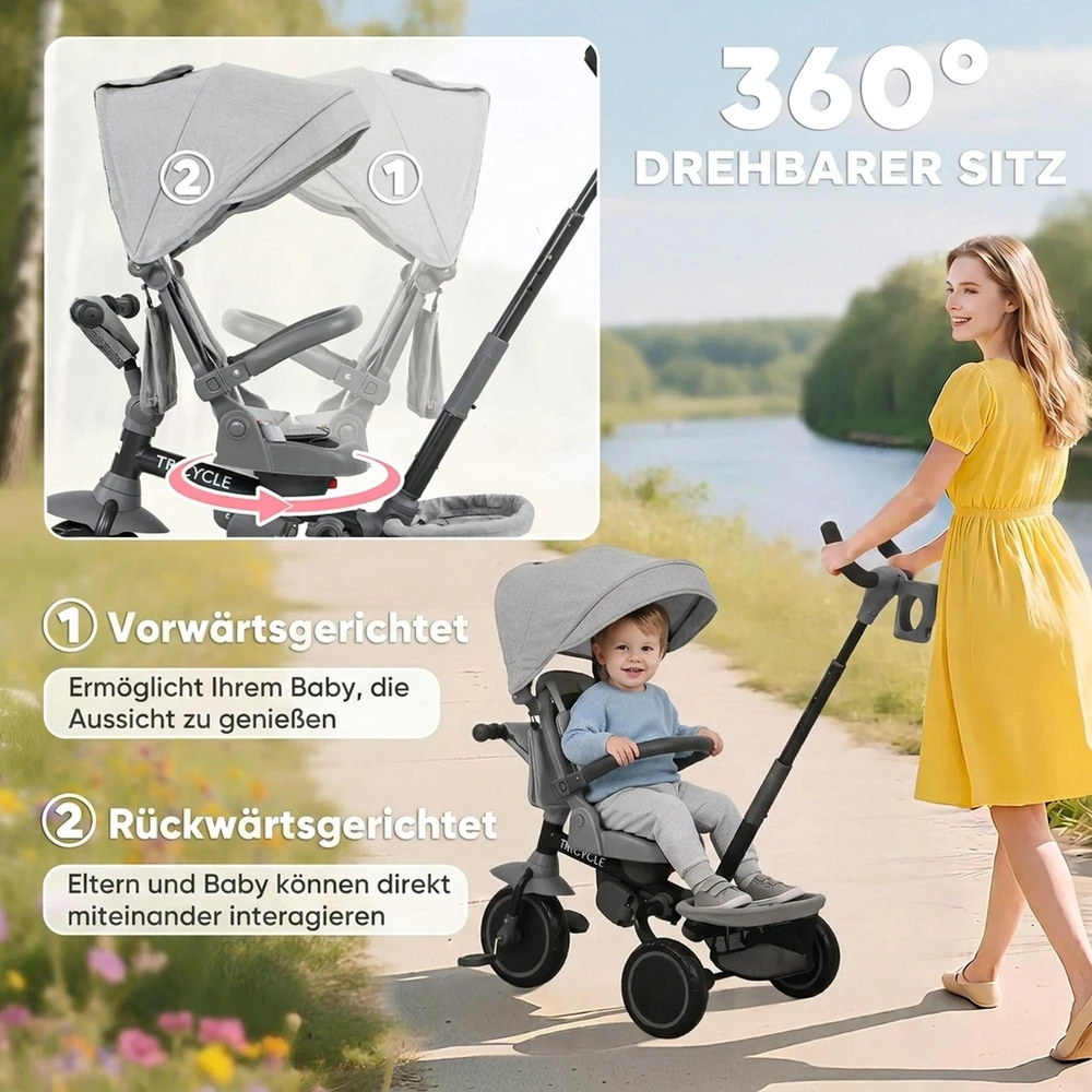 AIYAPLAY 6-in-1 triratis, universalus vežimėlis mažyliams, su stūmimo rankena, reguliuojama sėdyne, sulankstomas dizainas, saugos tinklas, pilkas