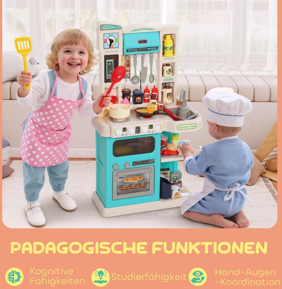 AIYAPLAY 92 dalių virtuvės rinkinys vaikams, su čiaupu, plastikinis, 3-6 metų, žalias