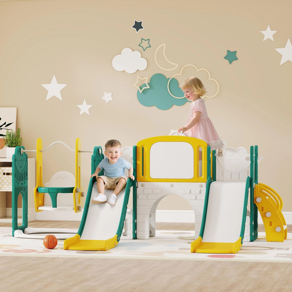 AIYAPLAY 9-in-1 čiuožyklos ir sūpynių rinkinys mažyliams su krepšinio lanku, teleskopu, piešimo lenta, varlytės dizainu, geltona+žalia