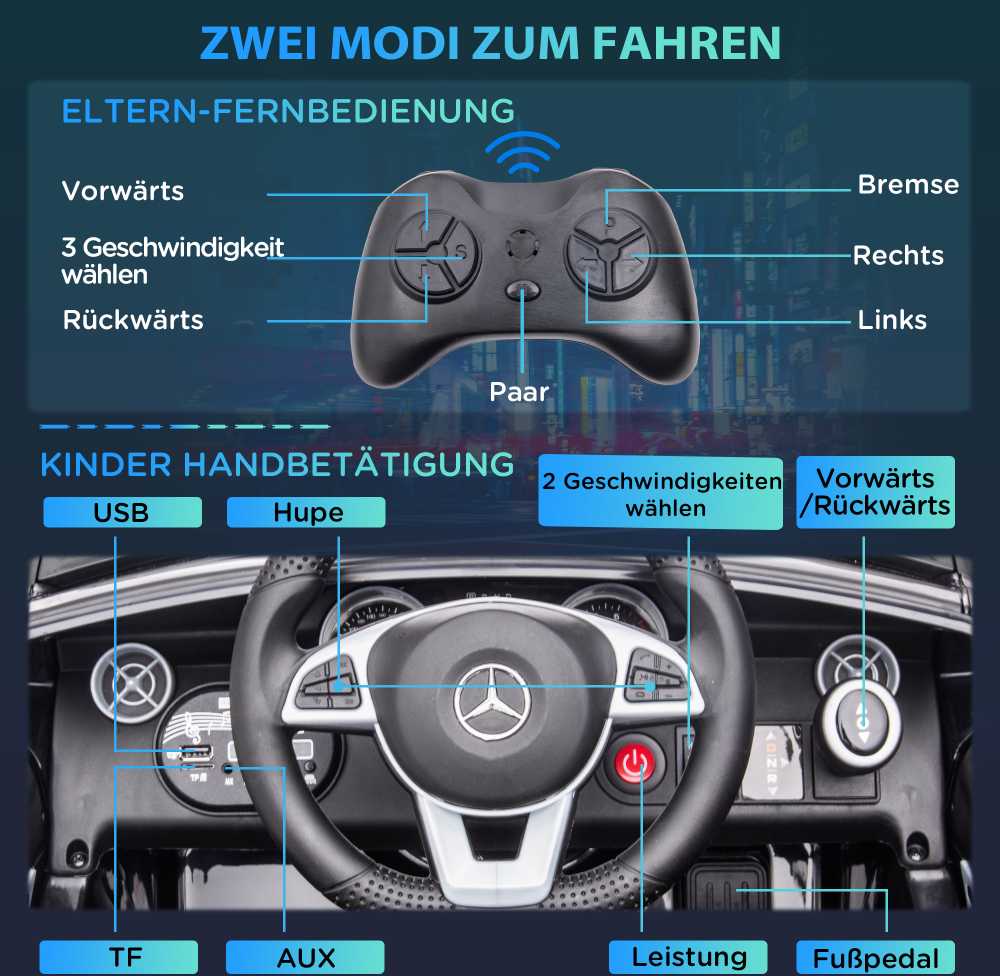 AIYAPLAY elektrinis automobilis vaikams nuo 3 metų, vaikiška transporto priemonė su nuotolinio valdymo pulteliu, LED žibintais, saugos diržais, garso signalu, muzika, juodos spalvos