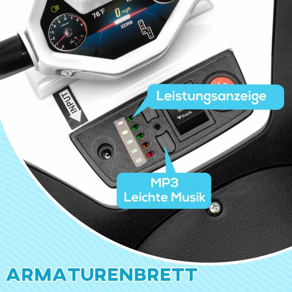 AIYAPLAY elektrinis keturratis vaikams 12V, vaikiškas keturratis su 4 ratų amortizacija, MP3 muzikos grotuvu, žibintais, priekine ir atbuline eiga, 3-5 metų vaikams, 5 km/h, metalinis, baltas