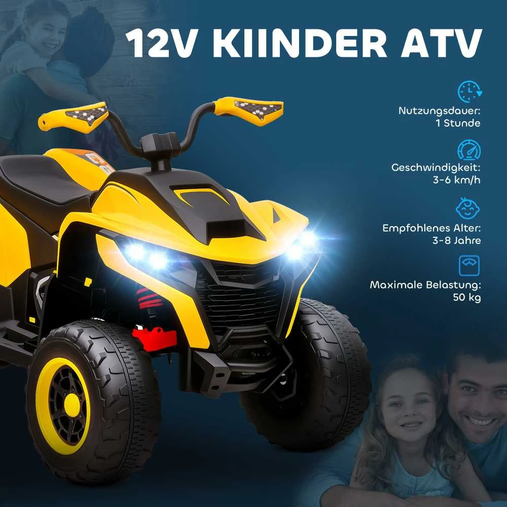 AIYAPLAY elektrinis keturratis vaikams 12V elektrinis keturratis vaikams su 2 varikliais, 3-6km/h vaikiškas keturratis su pakaba, LED šviesa, vaikiškas automobilis su USB, muzika 3-8 metų vaikams, geltonas