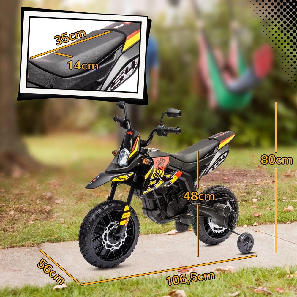 AIYAPLAY elektrinis motociklas vaikams, 12 V vaikiškas motociklas su muzika, 6 km/h vaikiška transporto priemonė su nuimamais pagalbiniais ratukais, 12 colių plastikinės padangos, 3–8 metų vaikams, maks. 30 kg, geltonas
