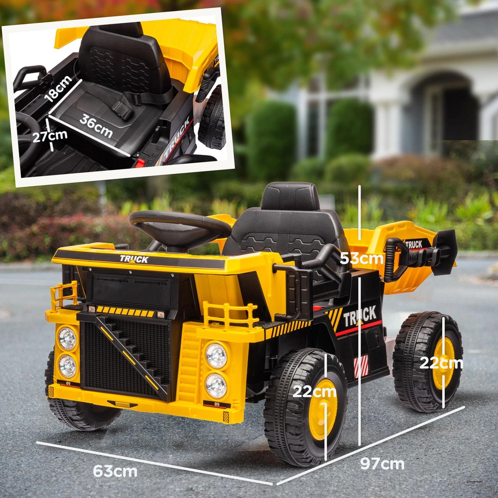 AIYAPLAY elektrinis traktorius su kaušu, 12 V vaikiškas sėdimas traktorius, vaikiškas elektromobilis su MP3 funkcija, vaikiška transporto priemonė su žibintais, 3-6 km/h, 3-5 metų vaikams, geltonas