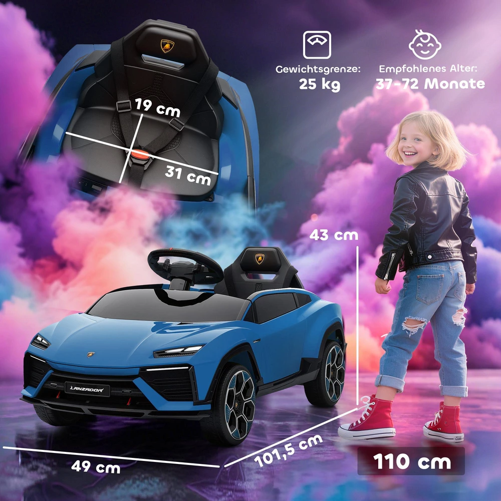 AIYAPLAY elektrinis vaikiškas automobilis, 12V, su 2,4 GHz nuotolinio valdymo pulteliu, 2 varikliais, garsiniu signalu, LED, muzika, 101,5 x 49 x 43 cm, mėlynas