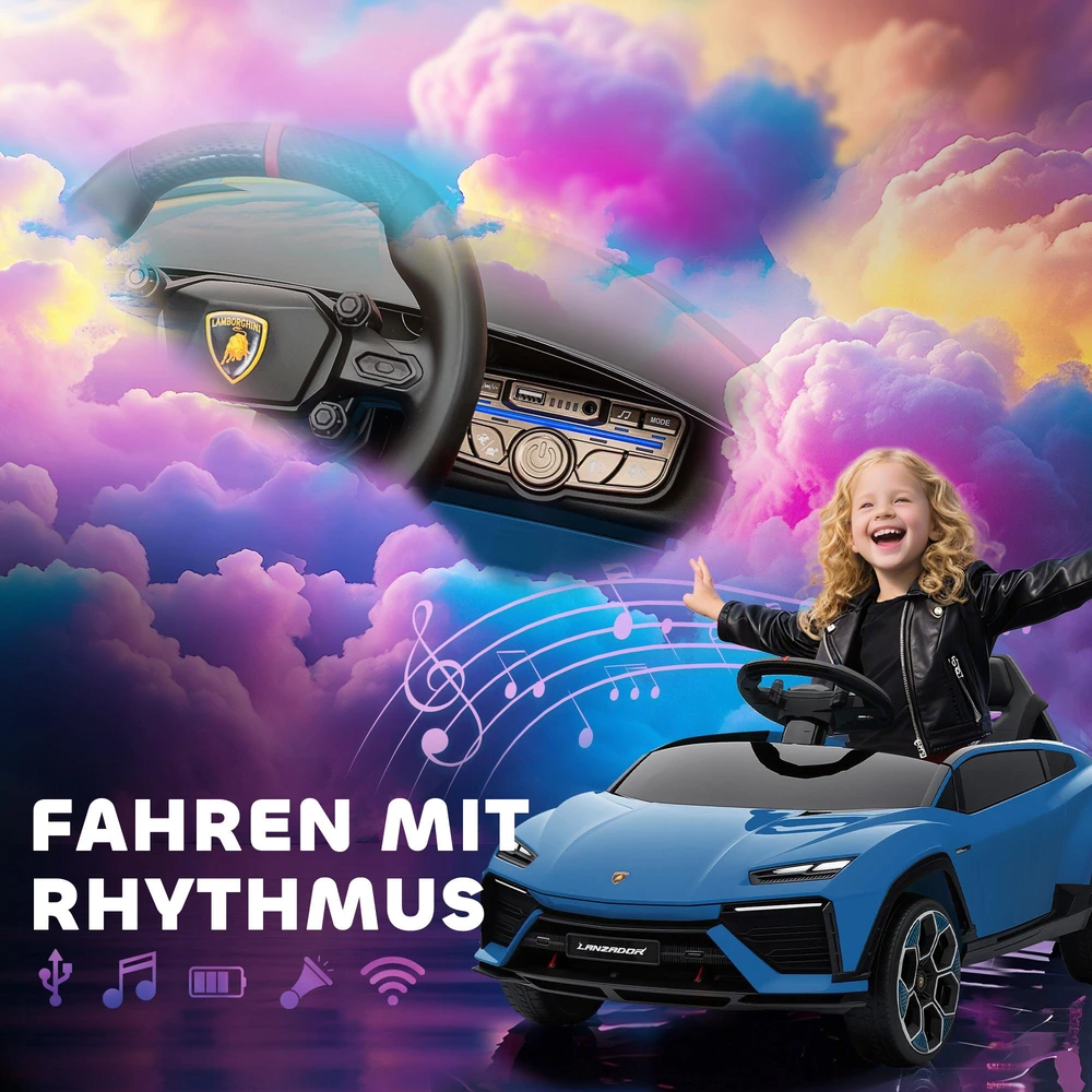 AIYAPLAY elektrinis vaikiškas automobilis, 12V, su 2,4 GHz nuotolinio valdymo pulteliu, 2 varikliais, garsiniu signalu, LED, muzika, 101,5 x 49 x 43 cm, mėlynas