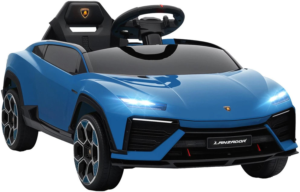 AIYAPLAY elektrinis vaikiškas automobilis, 12V, su 2,4 GHz nuotolinio valdymo pulteliu, 2 varikliais, garsiniu signalu, LED, muzika, 101,5 x 49 x 43 cm, mėlynas